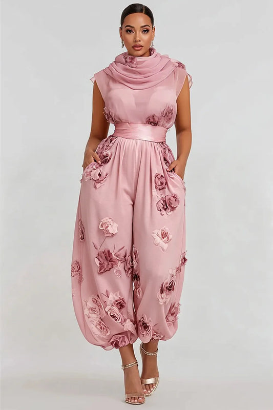 Wedding Guest Pink Floral Cowl Neck Pocket Chiffon Jumpsuits