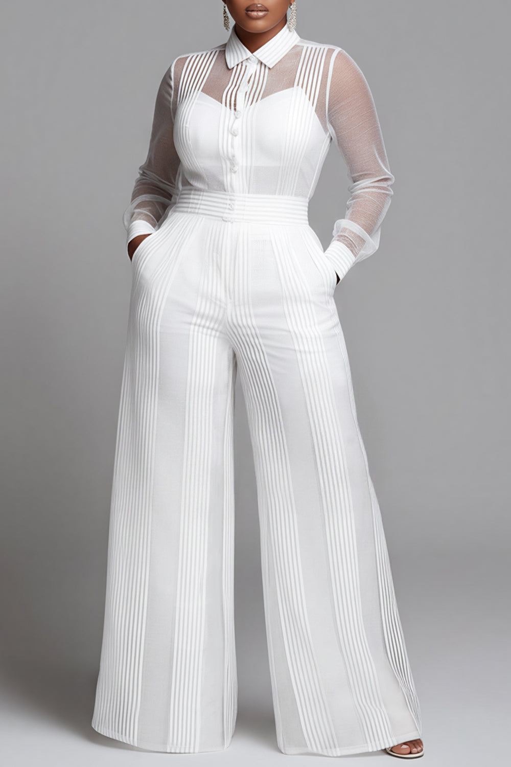 Business Casual White Striped Shirt Collar Long Sleeve See Through Wide Leg Two Piece Pant Sets