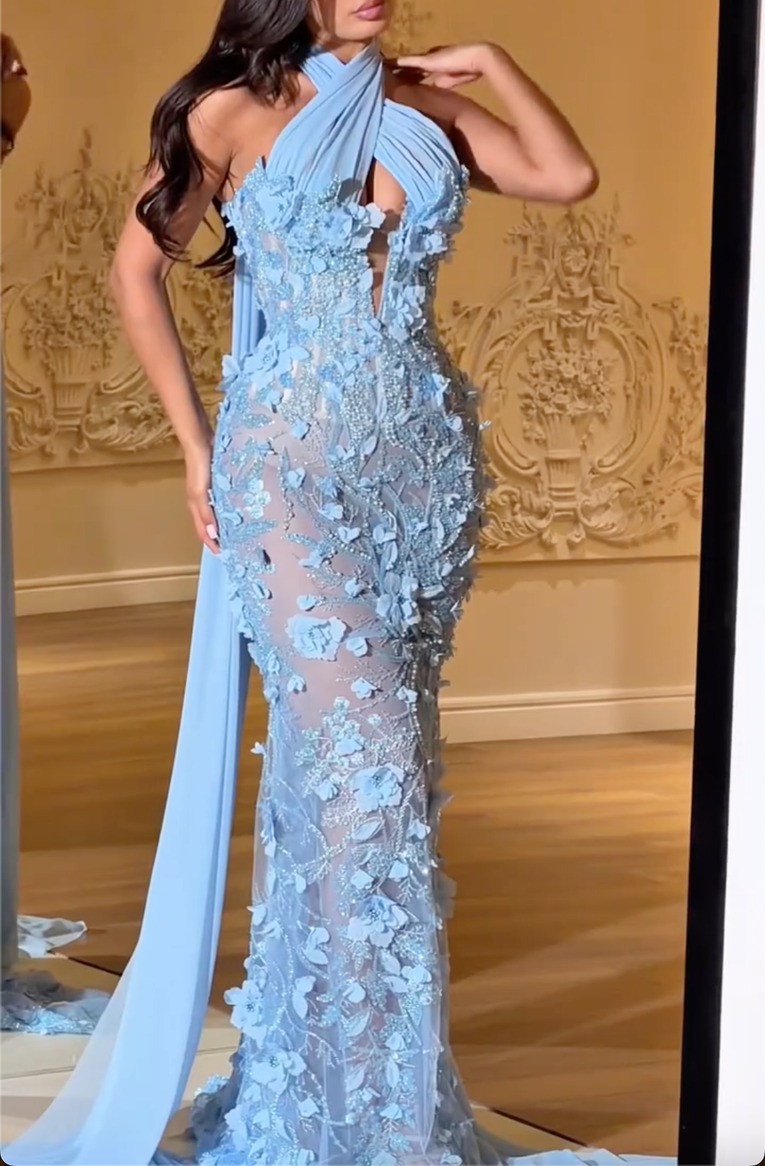 Light Blue Halter 3D Floral Sequin Mermaid Maxi Dress with Cape Drape - Formal Evening Gown for Women