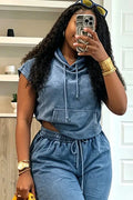 Women's Washed Denim Sleeveless Hoodie And Drawstring Waist Shorts