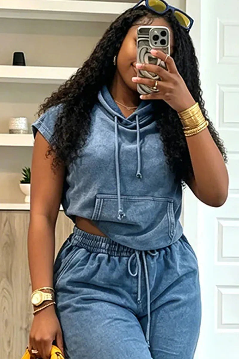 Women's Washed Denim Sleeveless Hoodie And Drawstring Waist Shorts