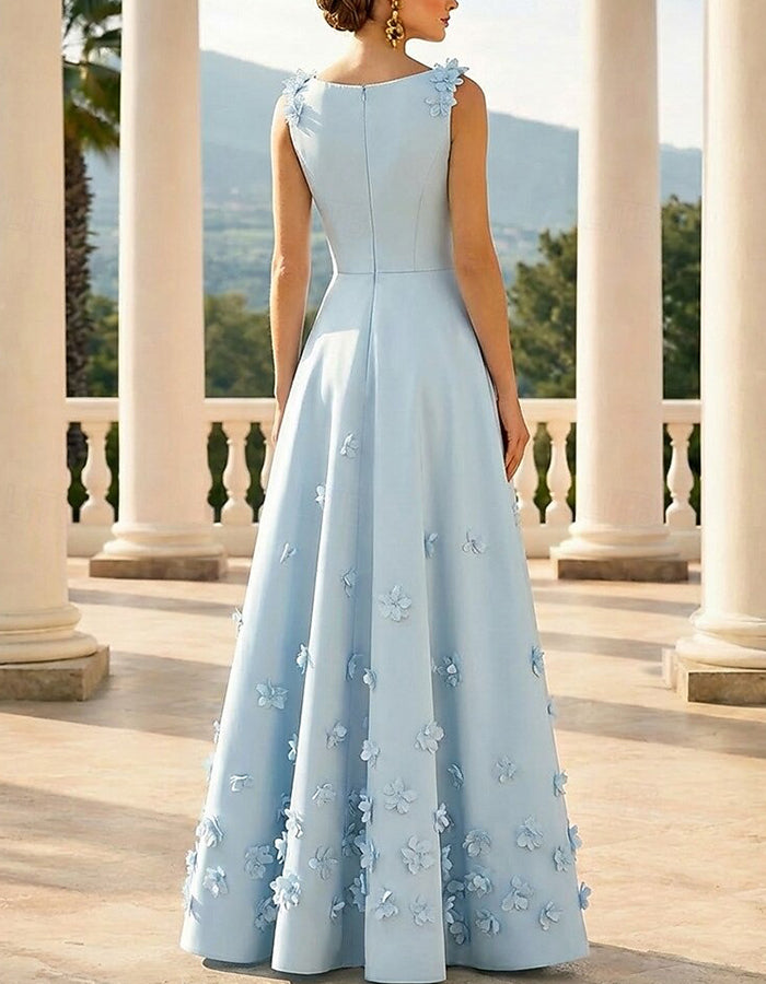 Satin V-Neck 3D Floral A-Line Maxi Dress