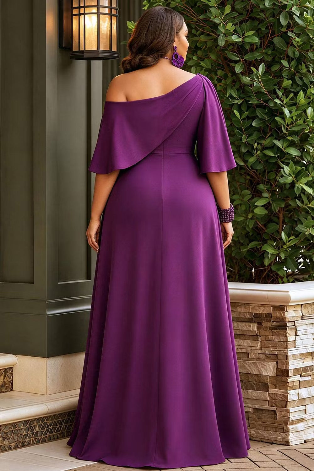 Purple Oblique Collar Half Sleeve Ruffle Maxi Dresses [Pre-Order]