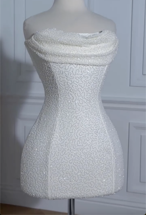 2-Color Strapless Pearl-Embellished Corset Mini Dresses - Pink / White Formal Party Gowns