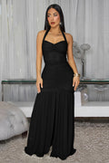 Halter Backless Ruched Solid Color Slit Mesh Hem Gowns Maxi Dresses-Black