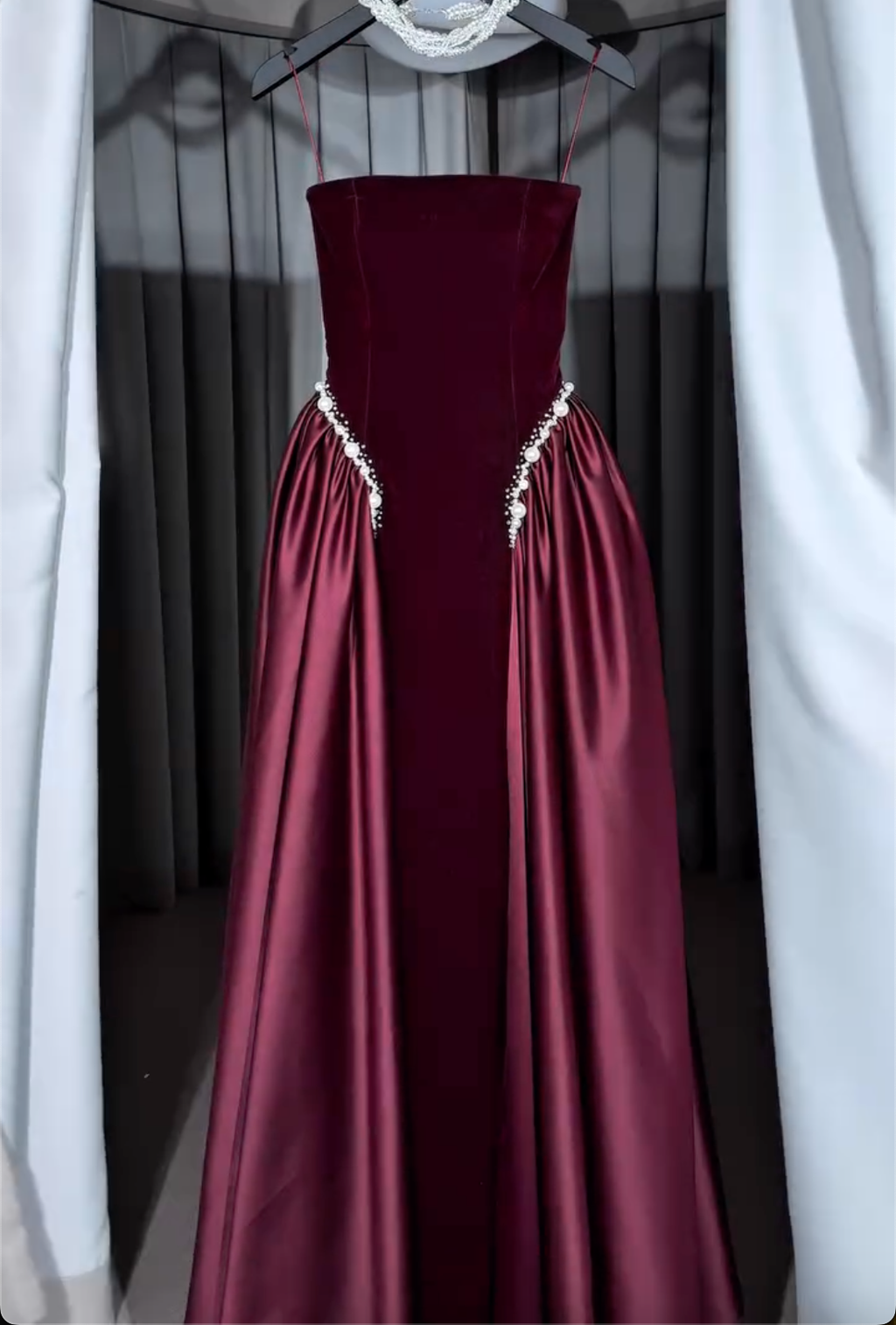 Burgundy/Navy Blue Strapless Velvet Maxi Dress with Satin Skirt & Pearl Trim
