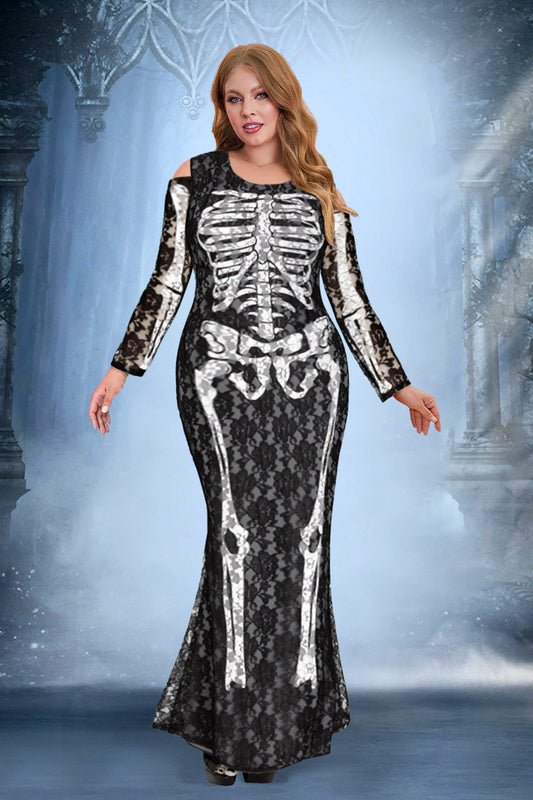Halloween Costume Black Skeleton Print Long Sleeve Knitted Maxi Dress(Ships 24h)