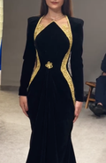 Black Velvet Maxi Dress with Gold Embroidery & Sheer Mesh Panels