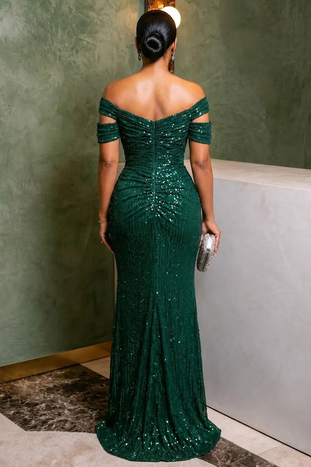 Off Shoulder Rhinestone Decor Ruched Slit Slim Maxi Dresses-Green [Pre Order]