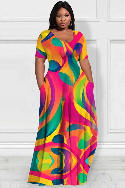 Daily Multicolor All Over Print Round Neck Short Sleeve Pocket Casual Maxi Dresses
