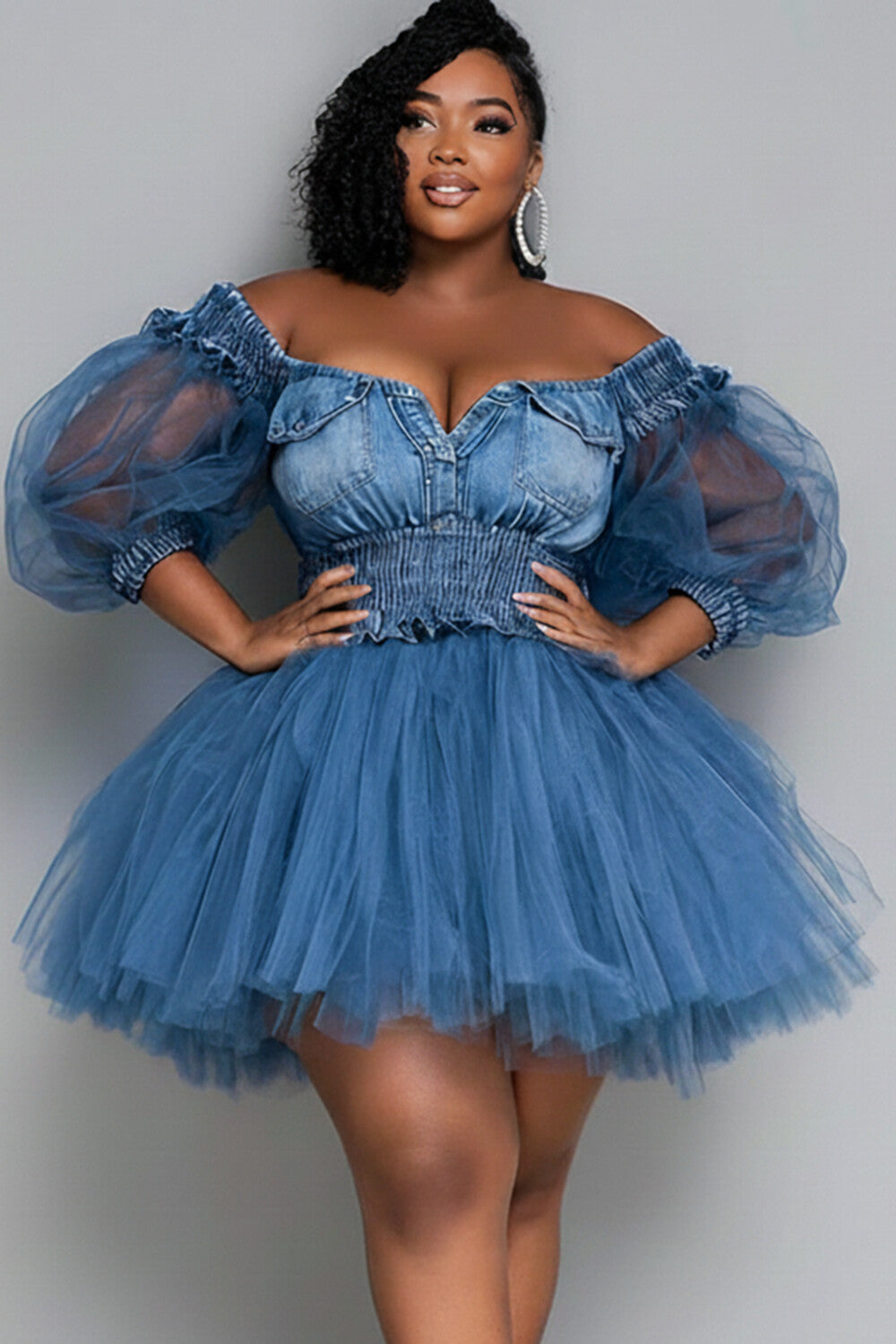 Xpluswear Design Plus Size Party Blue Off The Shoulder Short Sleeve Contrast See Through Tencel Denim Mini Dresses