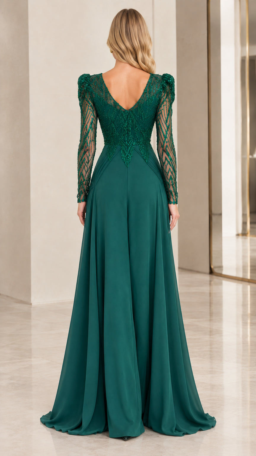 Sequin Beaded Long Sleeve V-Neck Wide-Leg Formal Evening Jumpsuit