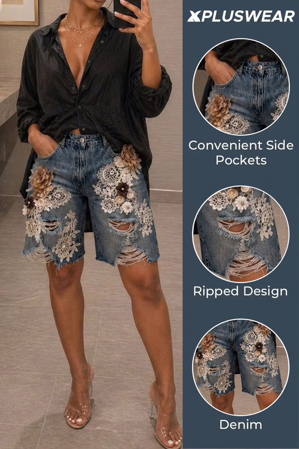 Plus Size Party Blue Ripped 3D Denim Jeans