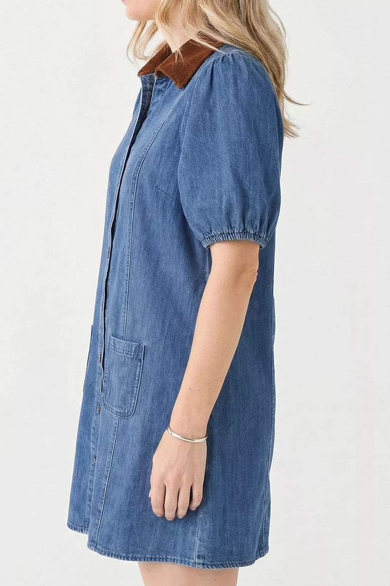 Women's Casual Contrast Color Denim Skirt With Puff Sleeves