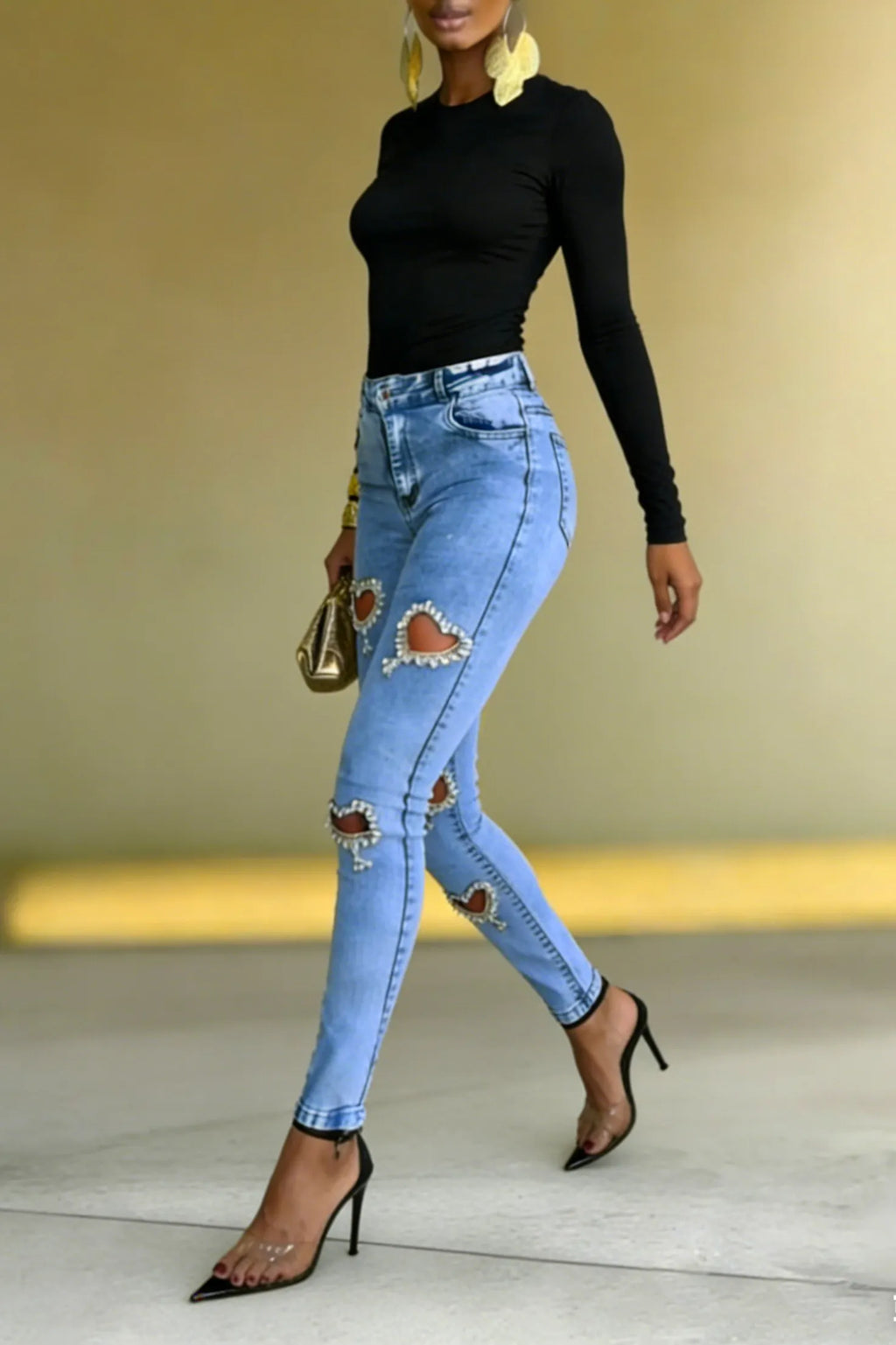 Women's Revival Style Rhinestone Heart-Shaped Cutout Jeans