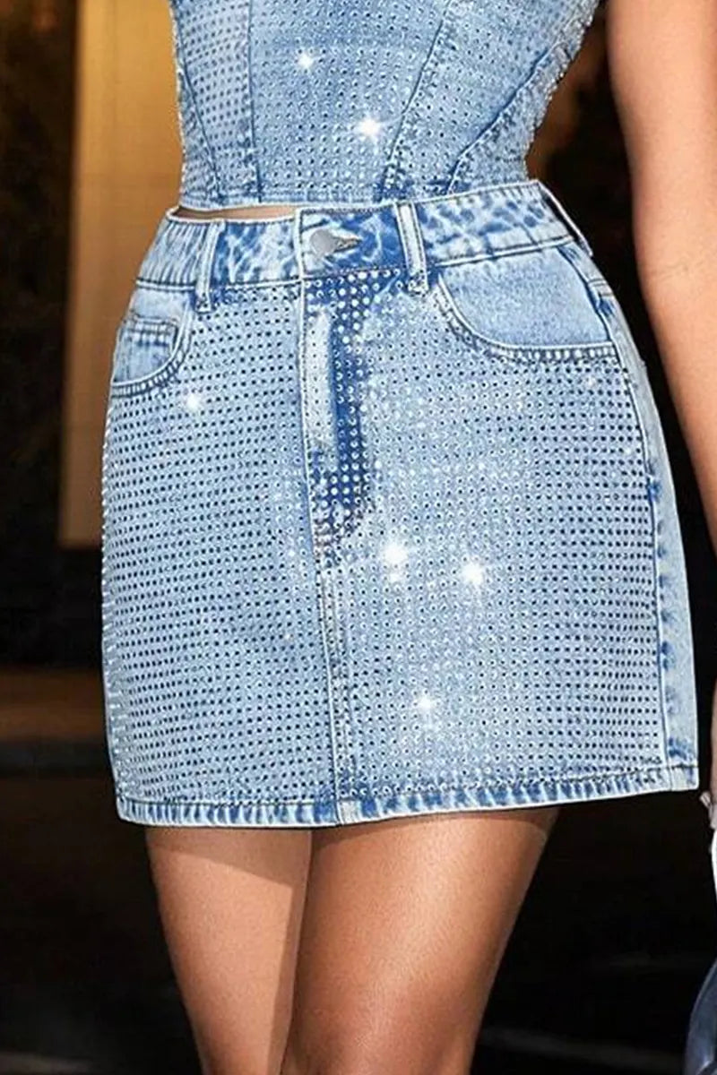 Women's Casual Rhinestone Strapless Top＆Rhinestone Bodycon Mini Skirt