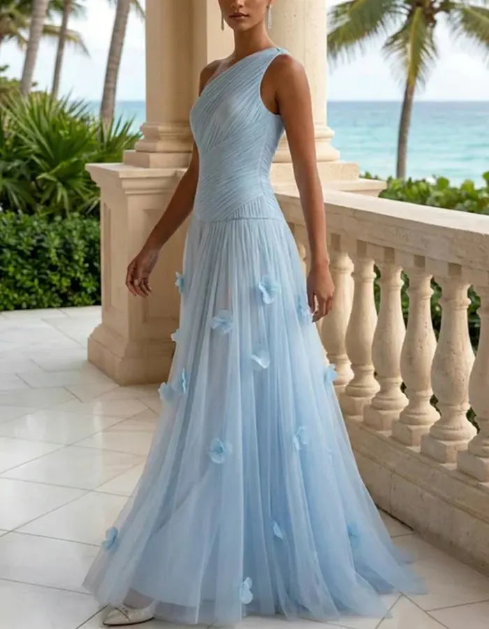 Sky Blue Chiffon One-Shoulder Ruched Maxi Dress
