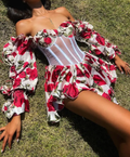 Red Rose Print Off-the-Shoulder Ruffled Long Sleeve Sheer Corset Mini Dress