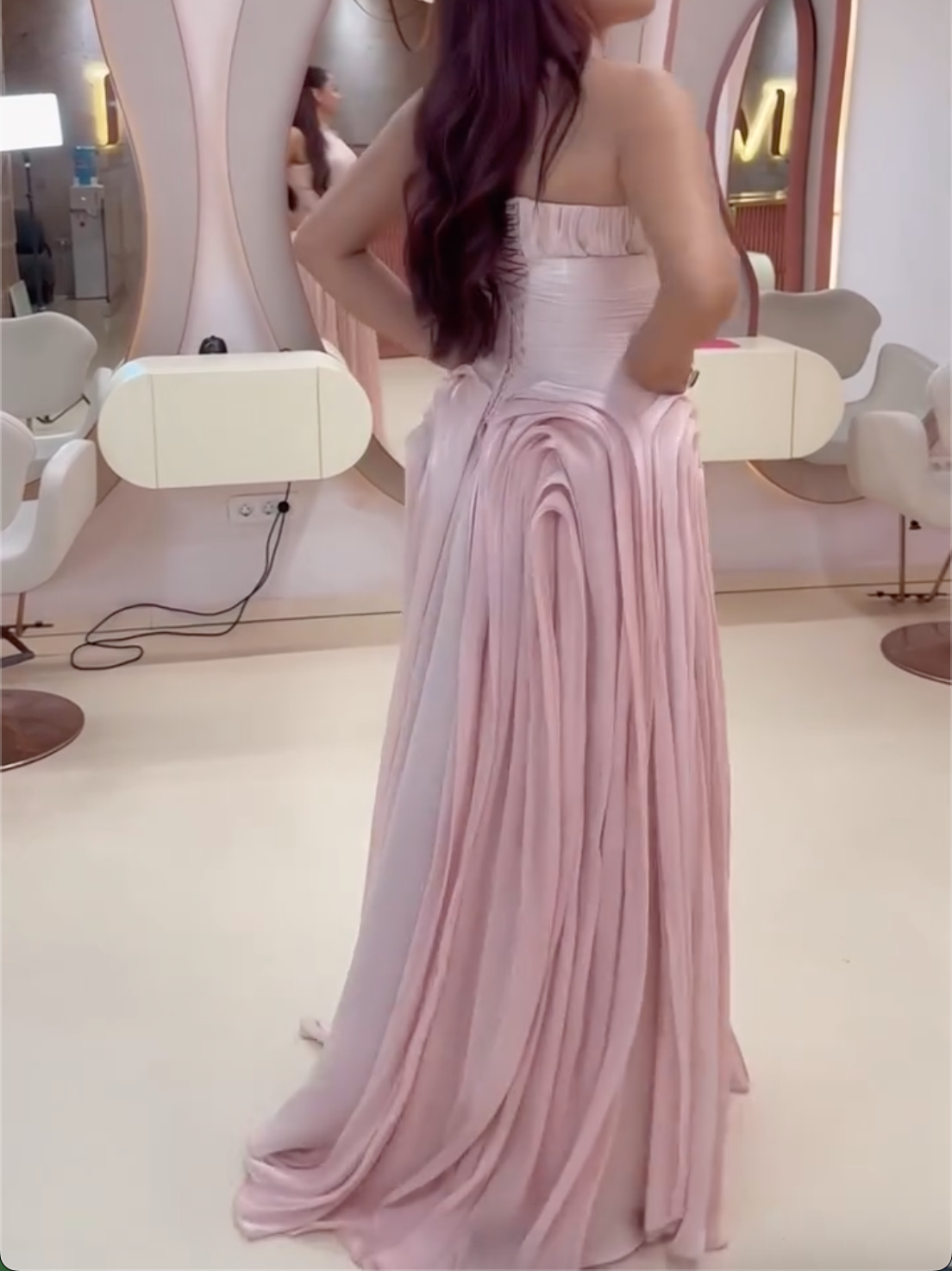Elegant Blush Pink Halter Neck Pleated Maxi Gown with High Side Slit & Draped Skirt