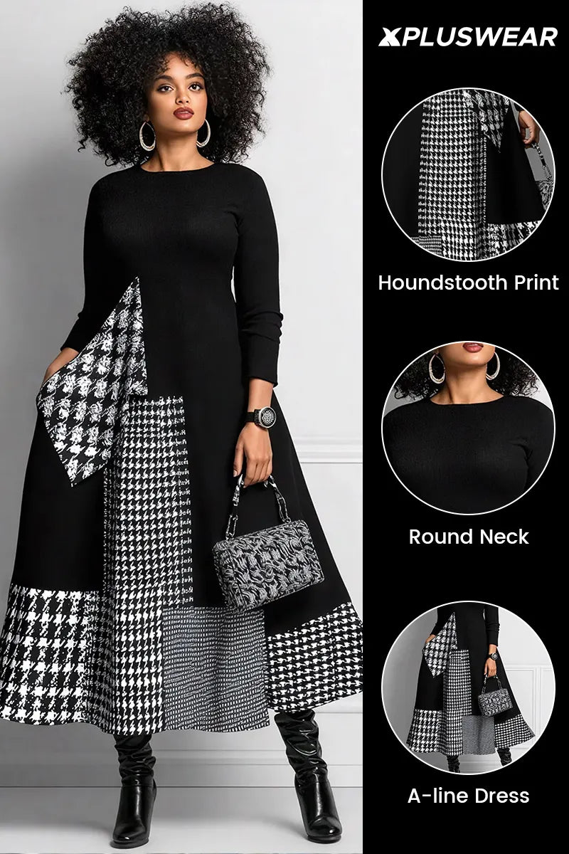 Daily Black Houndstooth Round Neck Long Sleeve Pocket Elegant Maxi Dresses