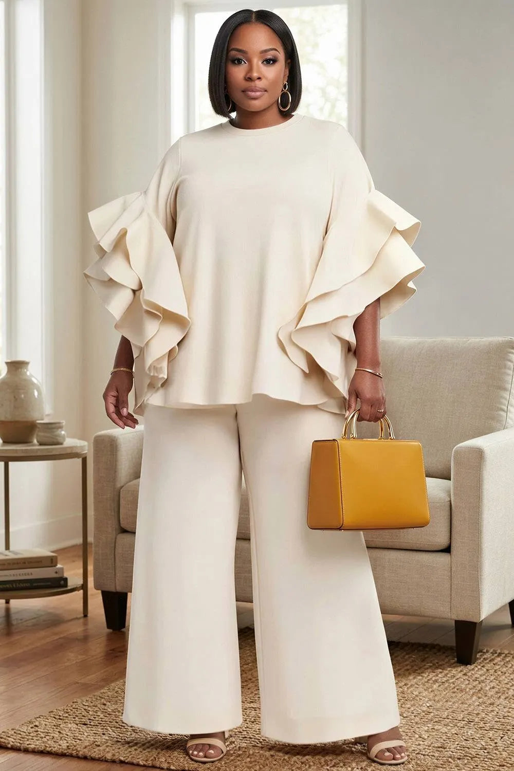 Vacation White Round Neck Flare Short Sleeve Ruffle Wide Leg Two Piece Pant Sets [Pre-Order]