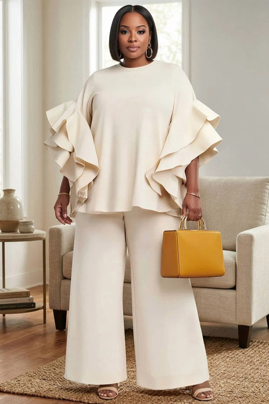 Vacation White Round Neck Flare Short Sleeve Ruffle Wide Leg Two Piece Pant Sets [Pre-Order]