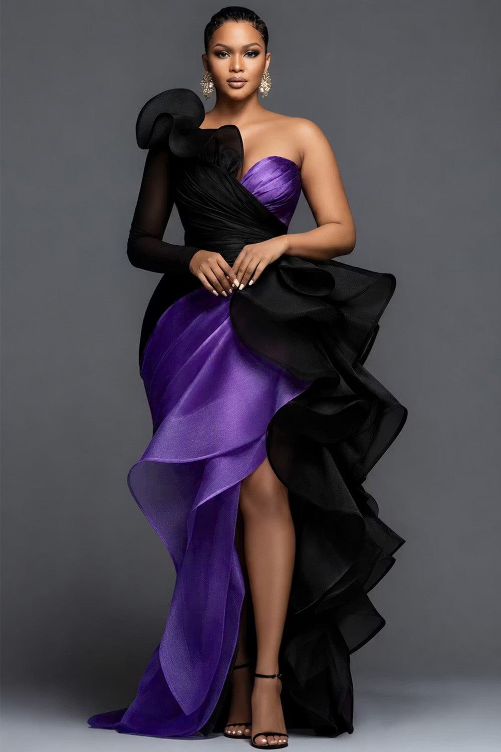Purple Oblique Collar One Shoulder Long Sleeve Ruffle Elegant Asymmetric Hem Irregular Hem Maxi Dresses