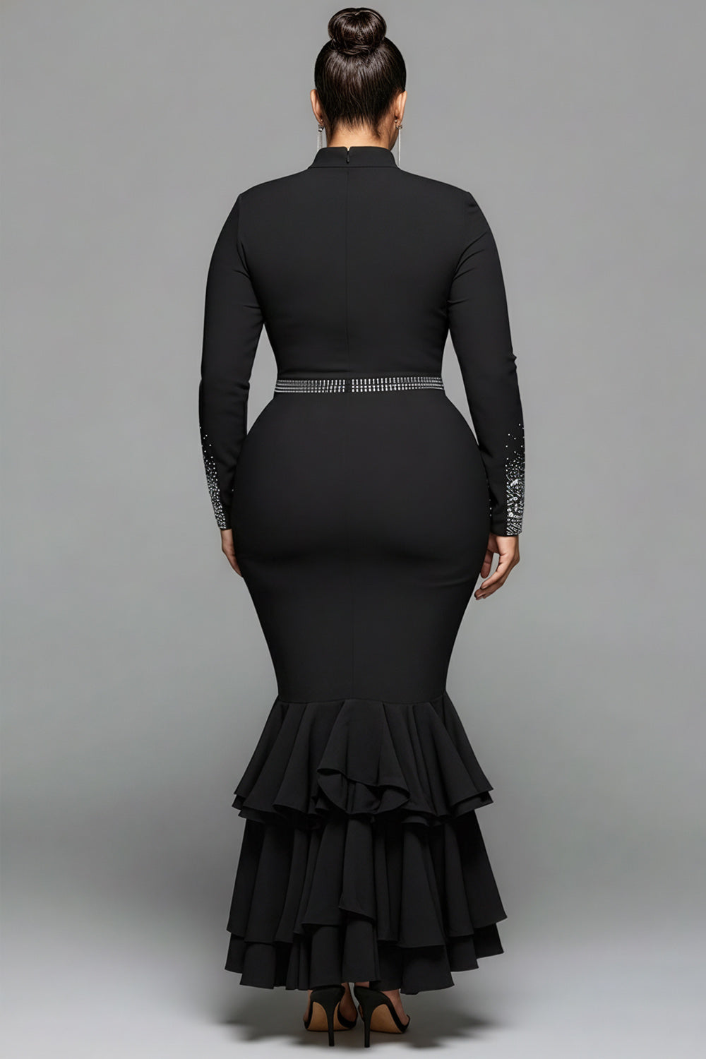 Business Casual Black Mock Neck Long Sleeve Mermaid Elegant Drilling Two Piece Skirt Sets