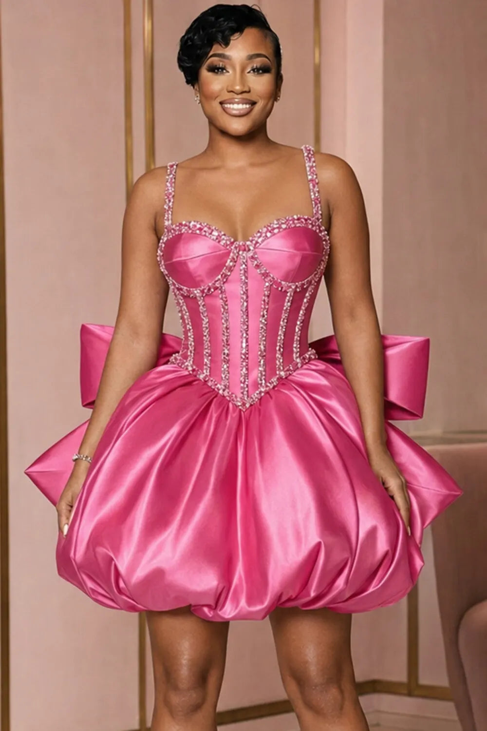 Cami Neck Rhinestone Corset Puff Hem Bowknot Mini Dresses-Fuchsia [Pre Order]