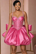 Cami Neck Rhinestone Corset Puff Hem Bowknot Mini Dresses-Fuchsia [Pre Order]