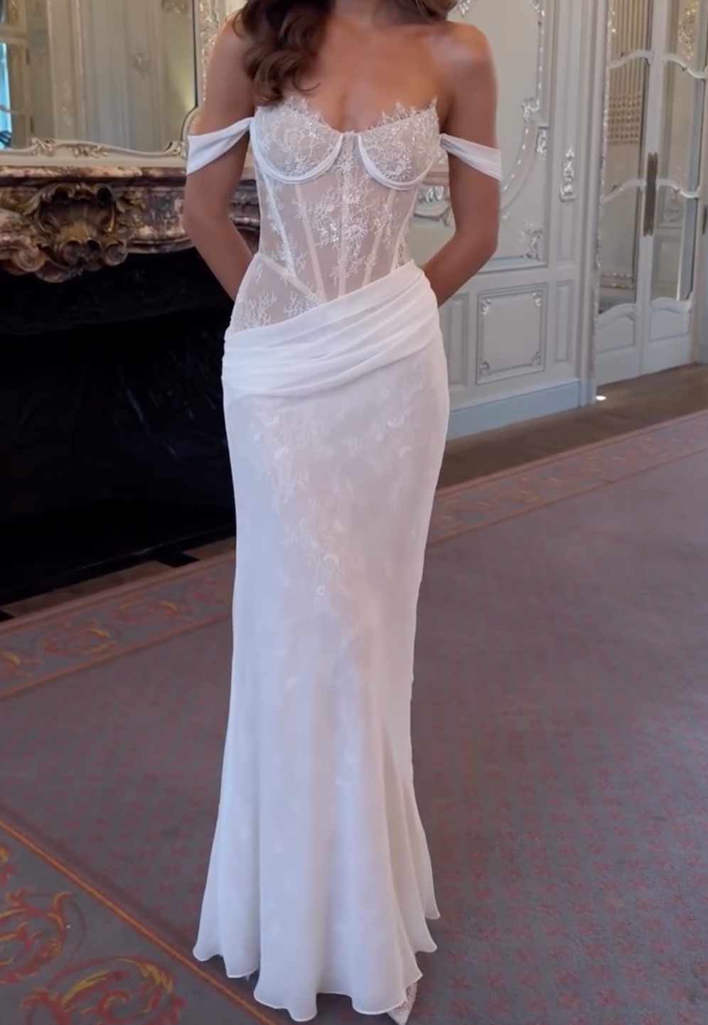White Sheer Mesh Wedding Maxi Dress with Crystal Embellishments & Flowing Skirt