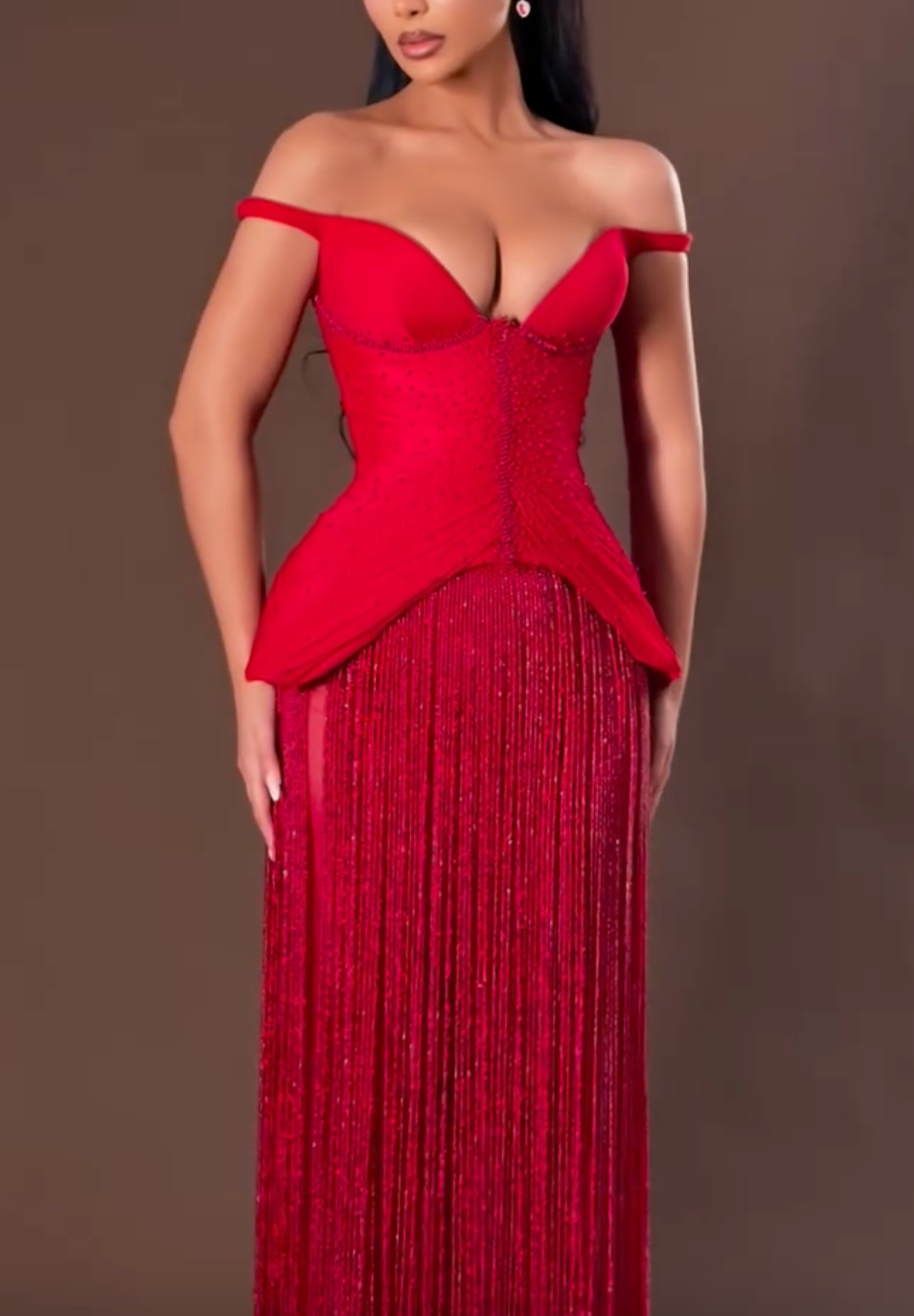 Red Off-the-Shoulder Beaded Sheer Maxi Dress with Fringe Skirt