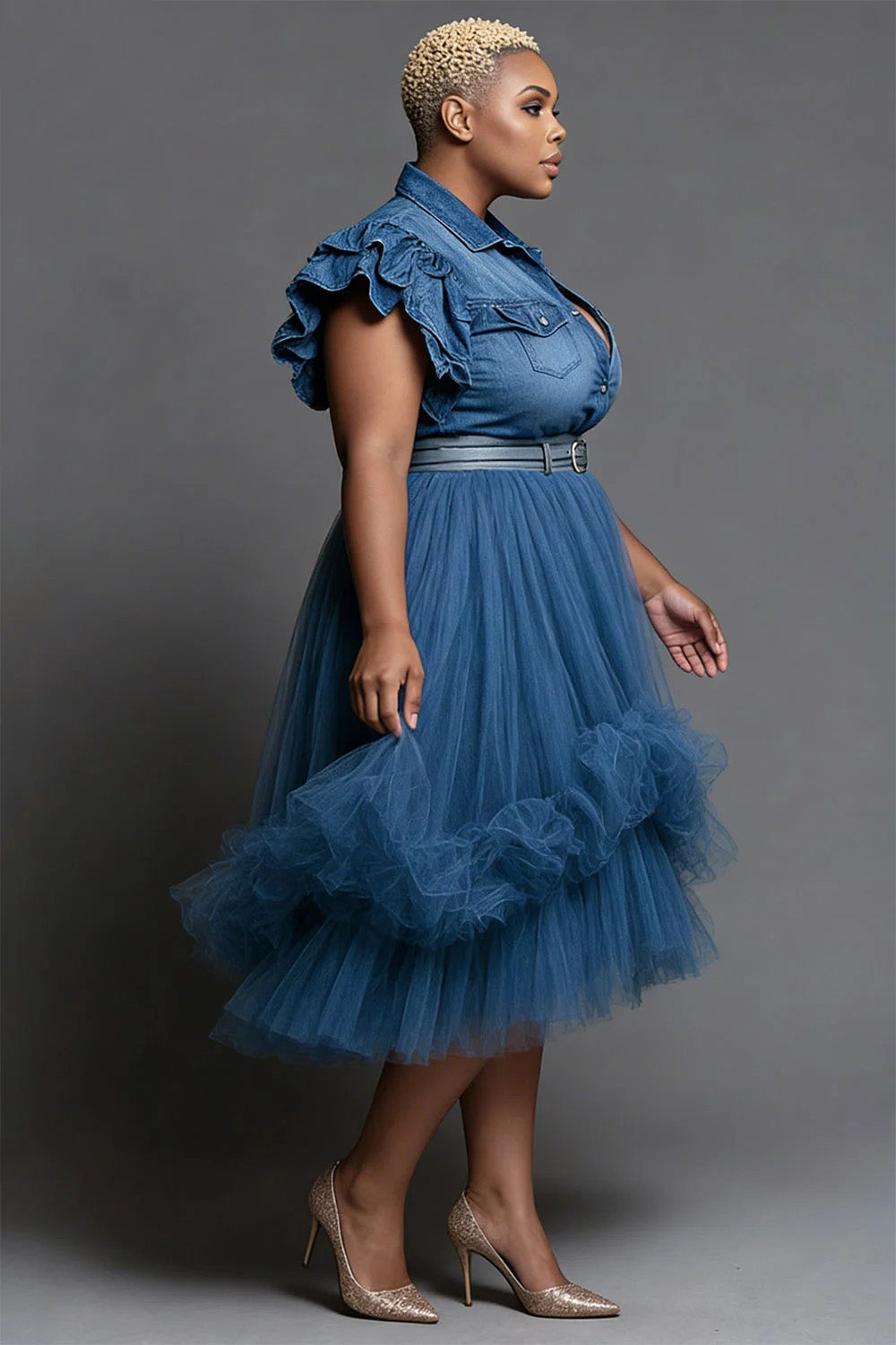 Xpluswear Design Plus Size Party Tulle Blue Shirt Collar Short Sleeve Contrast Elegant Tencel Denim Midi Dresses
