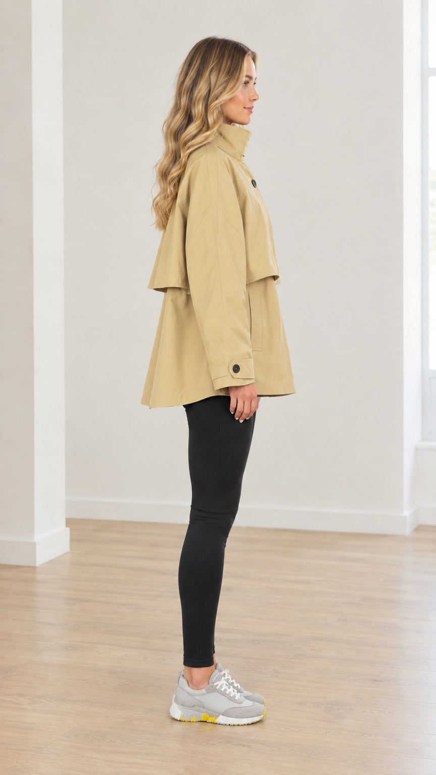 Women's High Neck Layered Flap Short Trench Coat Loose Windbreaker Jacket