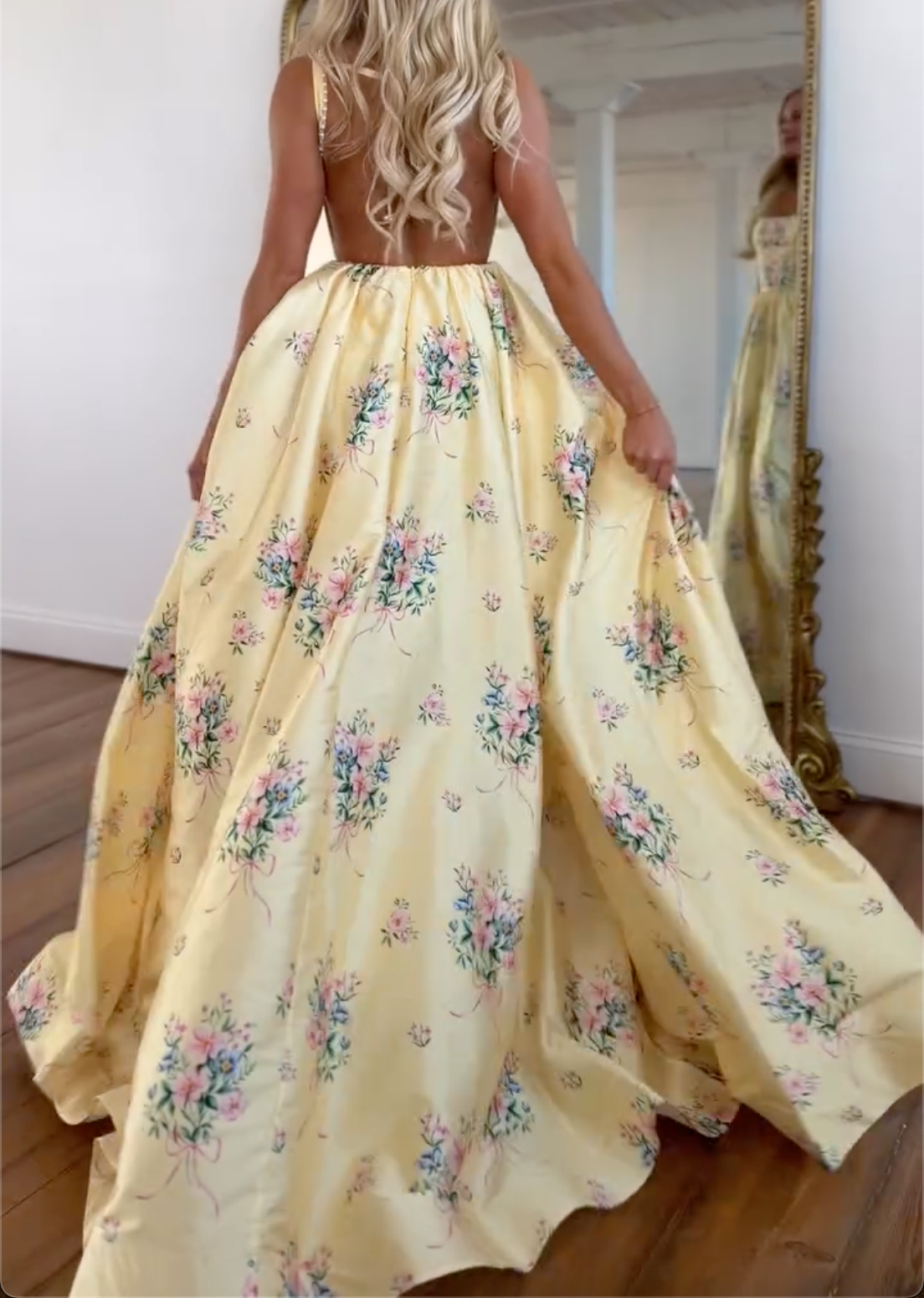 Yellow Floral Square Neck Open Back Maxi Dress