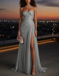 Silver Sequined Strapless Ruched Maxi Dress