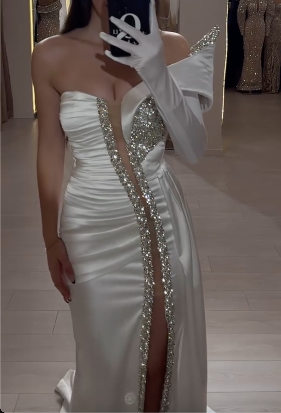 White Satin One-Shoulder Maxi Dress with Crystal Embellishments & High Thigh Slit