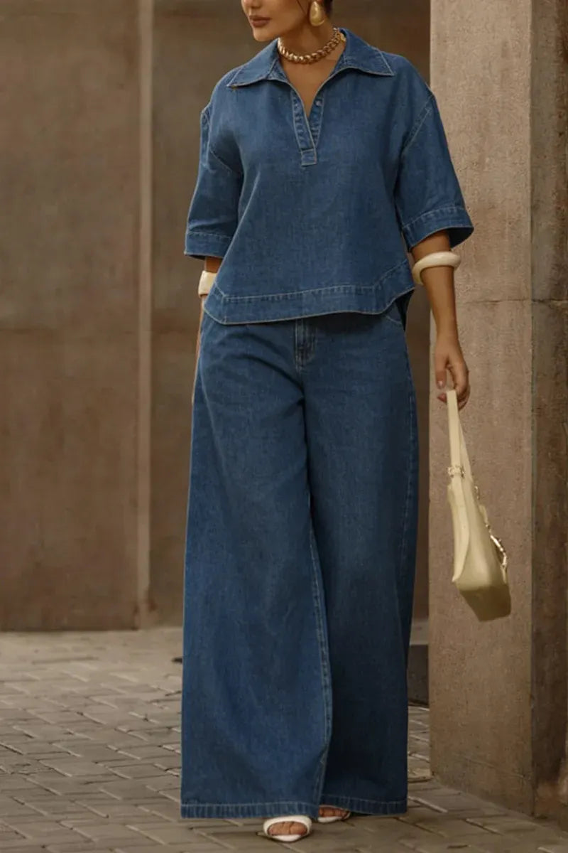 Hot Selling Women's Casual Denim Tops And Wide Leg Denim Pants