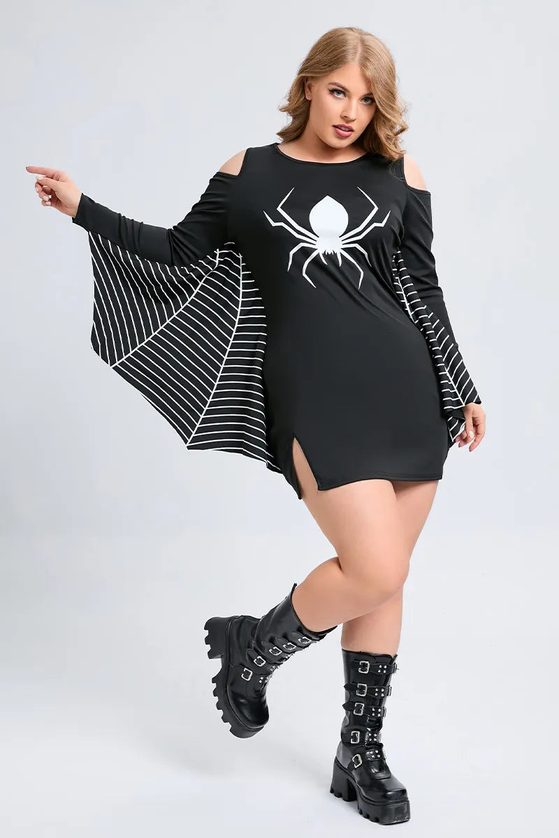Halloween Costumes Black Spider Print Cold Shoulder Mini Dress (Only Dress)(Ships 24h)