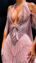 Halter Deep V Off Shoulder Rhinestone Beaded Fringe Mermaid Evening Gown, Blush Pink Bow Knot Sheer Bodycon Party Dress