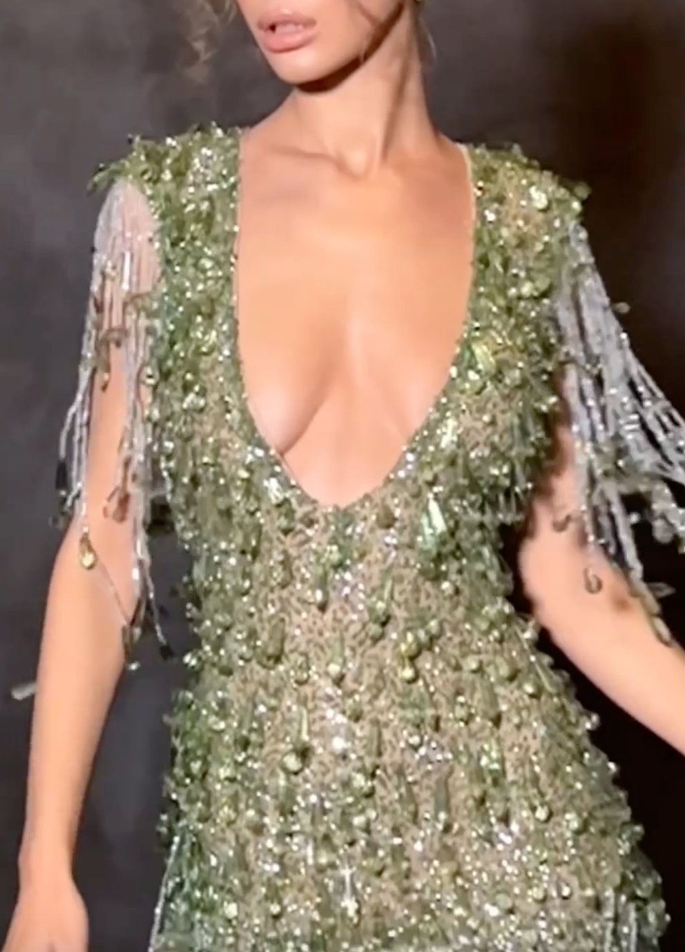 Green Beaded Mini Dress with Deep V-Neck & Fringe Trim
