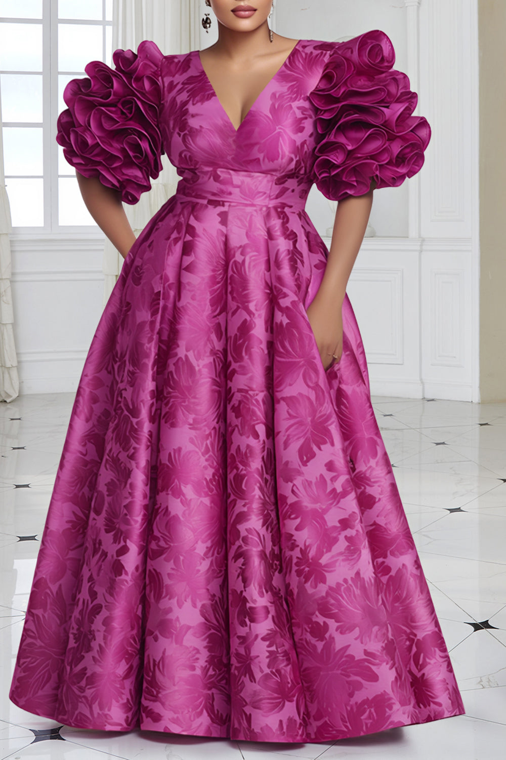 Hot Pink V Neck Puff Sleeve Short Sleeve Ruffle Pocket Satin Maxi Dresses