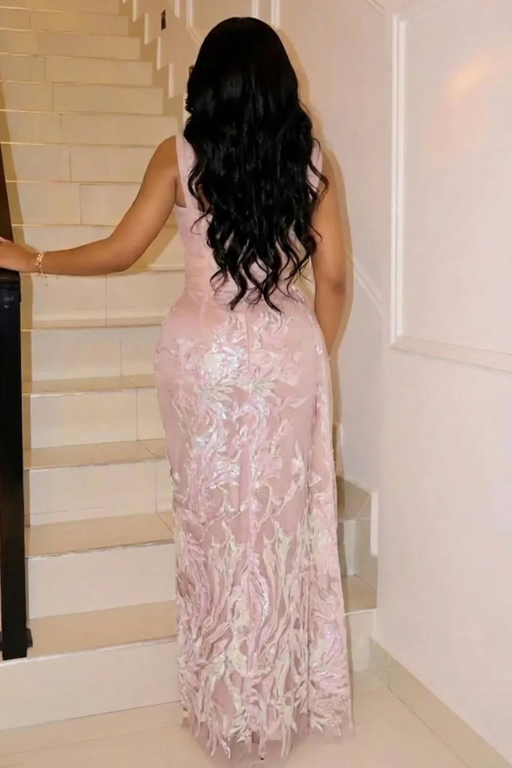 Mesh Wide Straps Cinch Waist Slim Fit Gowns Maxi Dresses-Pink