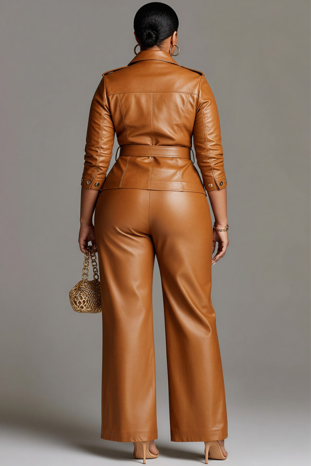 Business Casual Brown Shirt Collar Studded Elegant Pocket PU Leather Two Piece Pant Suits