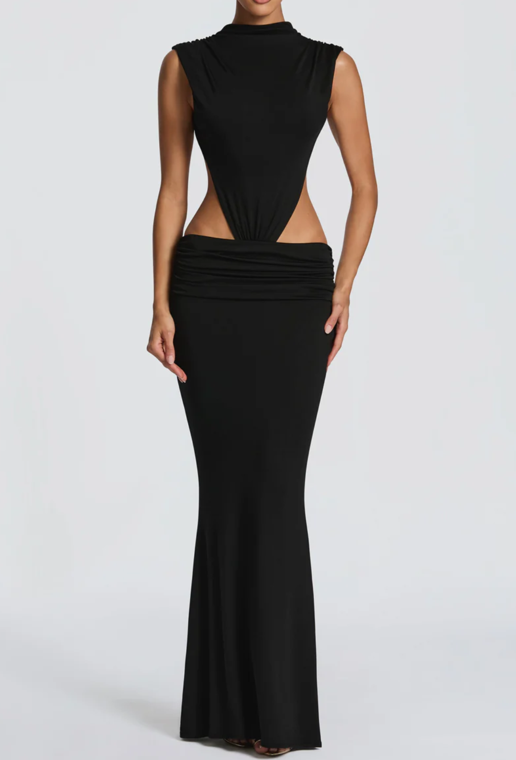 Red/Black Backless Cutout Ruched Maxi Dress - High Neck Sleeveless Bodycon Evening Gown