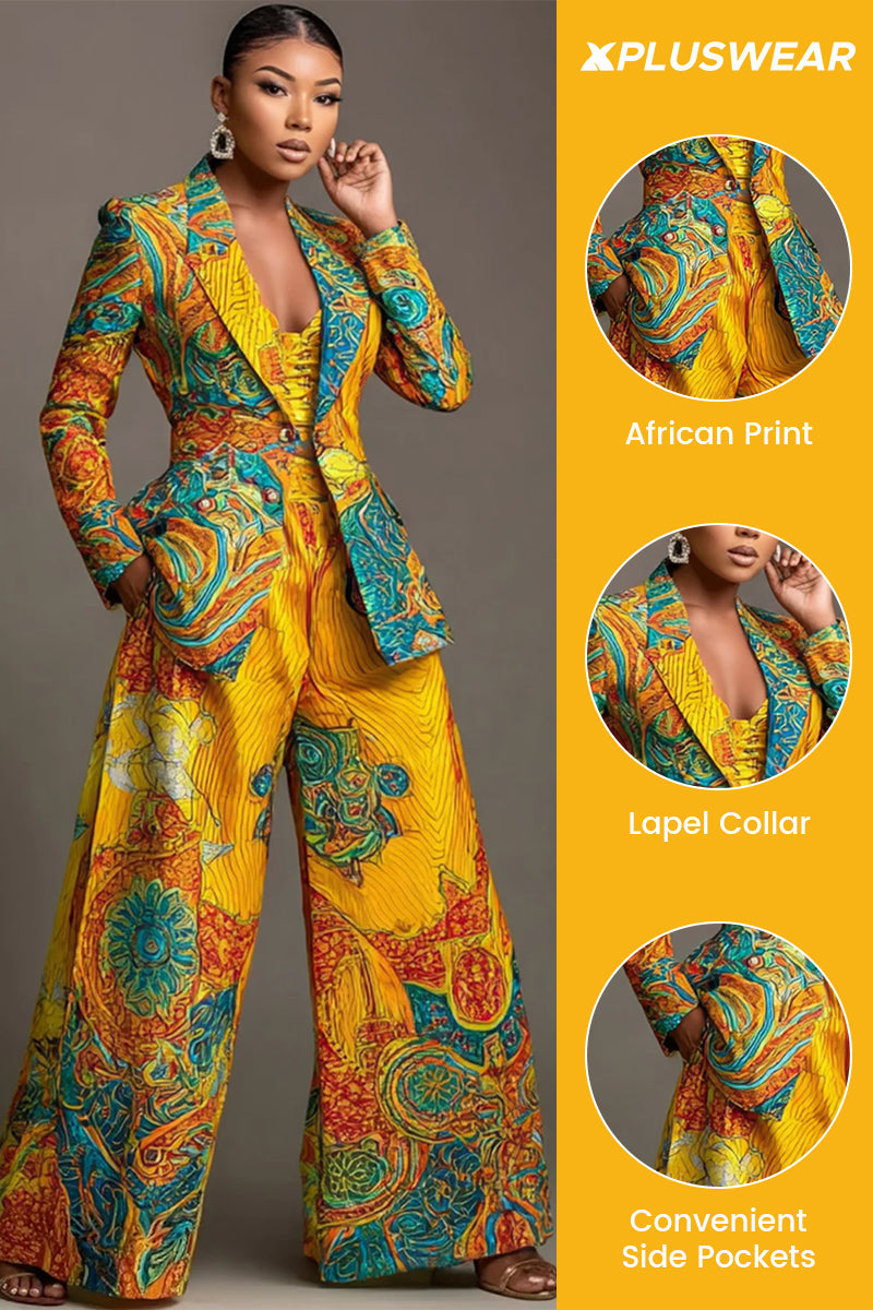 Yellow African Print Lapel Collar Long Sleeve Pocket Wide Leg Two Piece Pant Suits