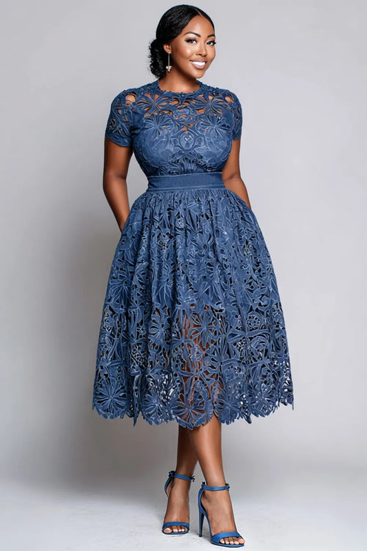 Cocktail Party Blue Round Neck Short Sleeve Pocket Cut Out Guipure Lace Midi Dresses