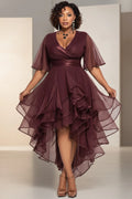 Cocktail Party Brown Wrap Neck Short Sleeve Ruffle Asymmetric Hem Tulle Midi Dresses