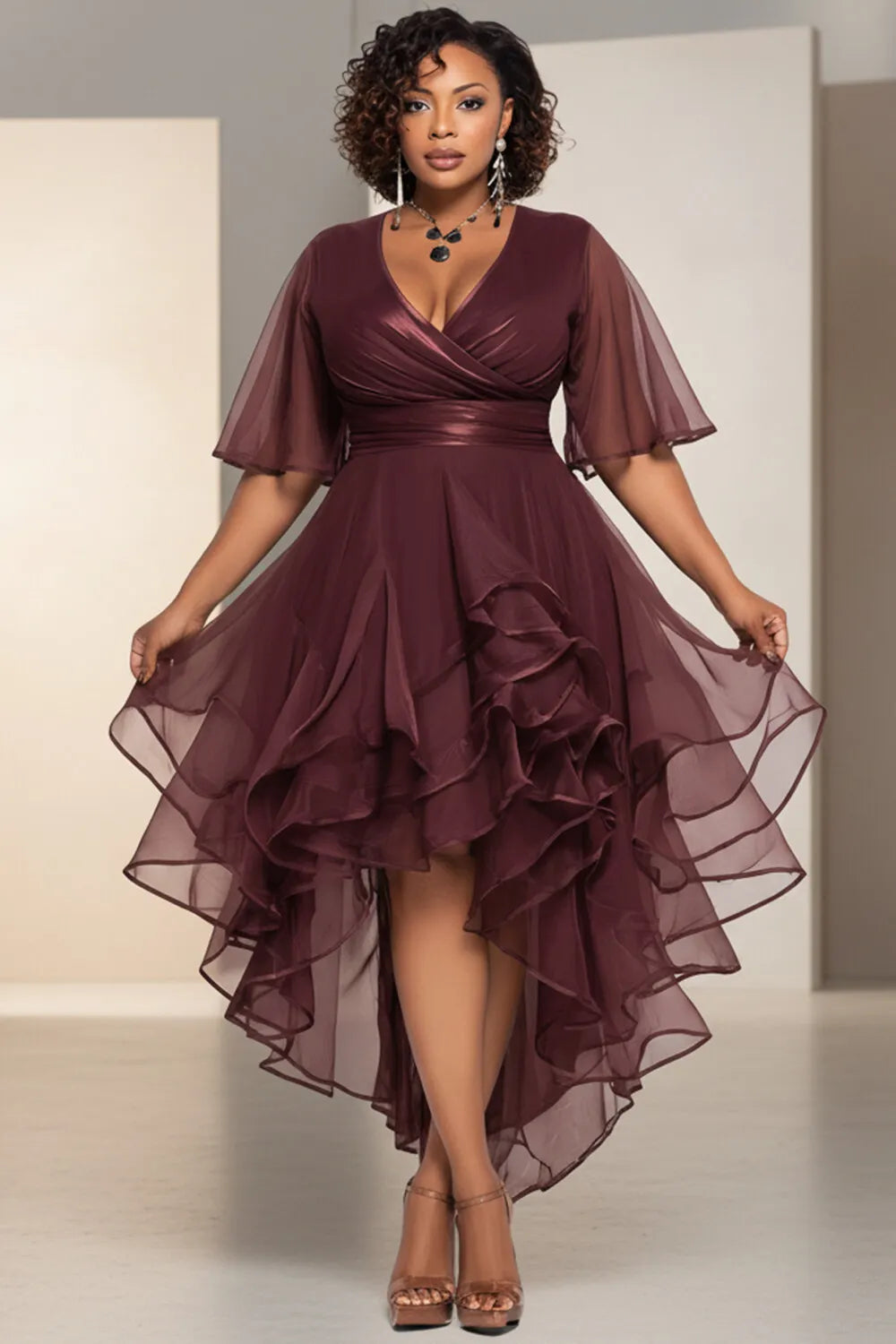 Cocktail Party Brown Wrap Neck Short Sleeve Ruffle Asymmetric Hem Tulle Midi Dresses