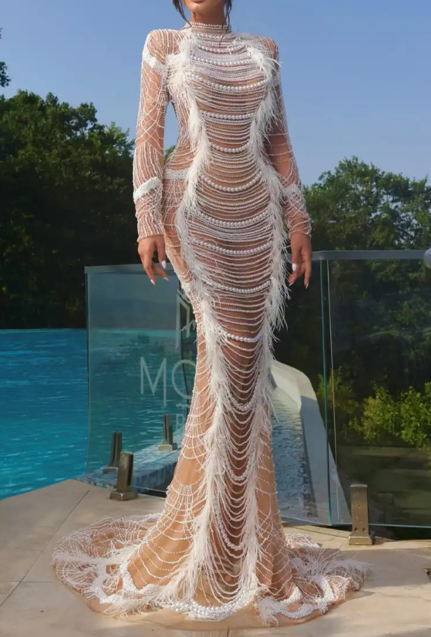 White Pearl & Feather Embellished Maxi Dress